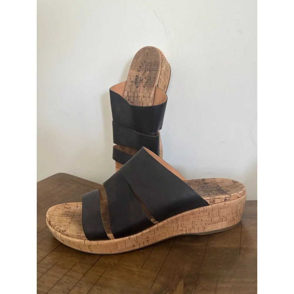 Kork-Ease Black Leather Cork Wedge Slide Sandals Comfort Womens 10M